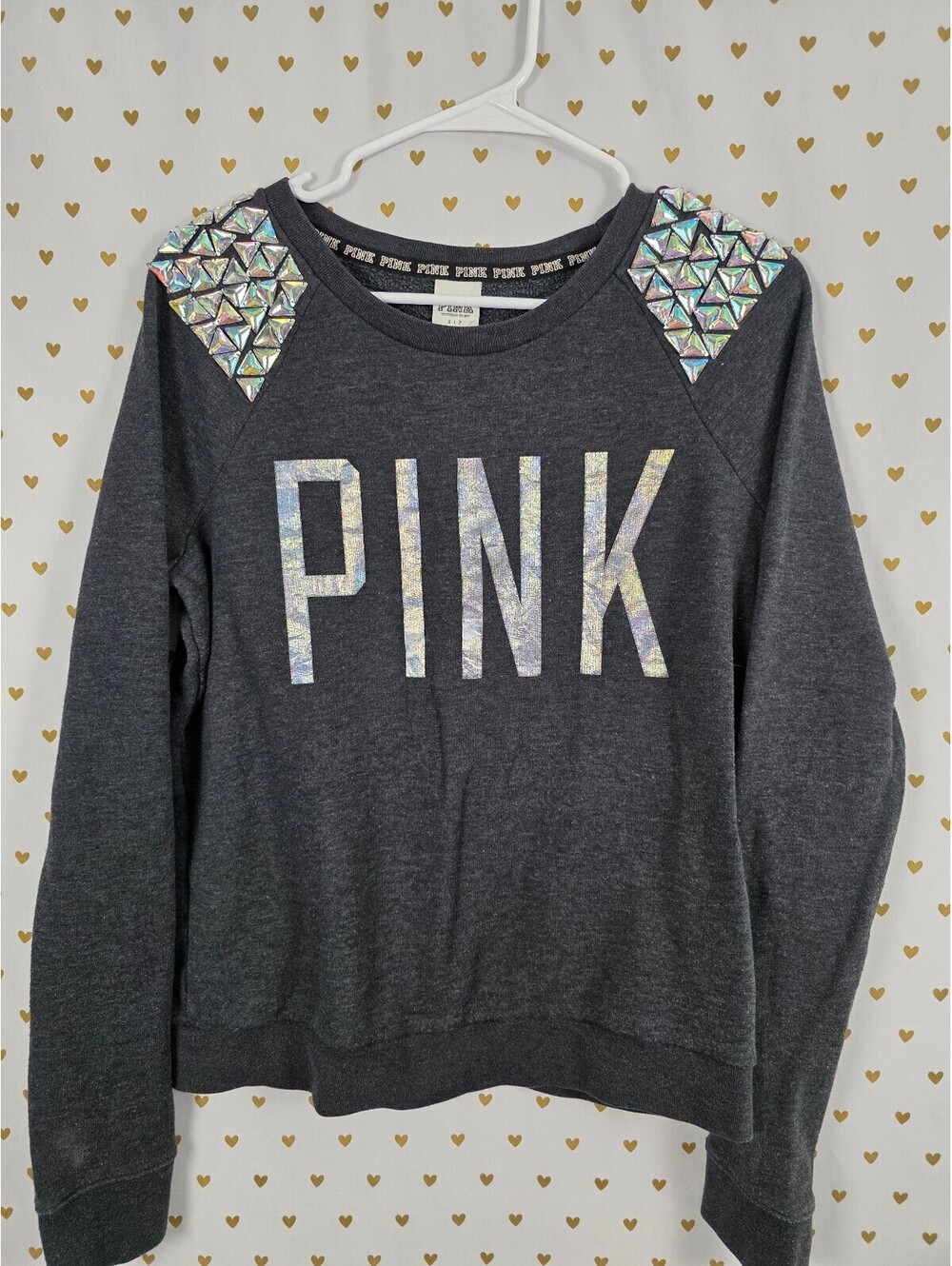 Victorias Secret Pink Bling Geometric Gem Shoulder Crew Sweater Logo Small